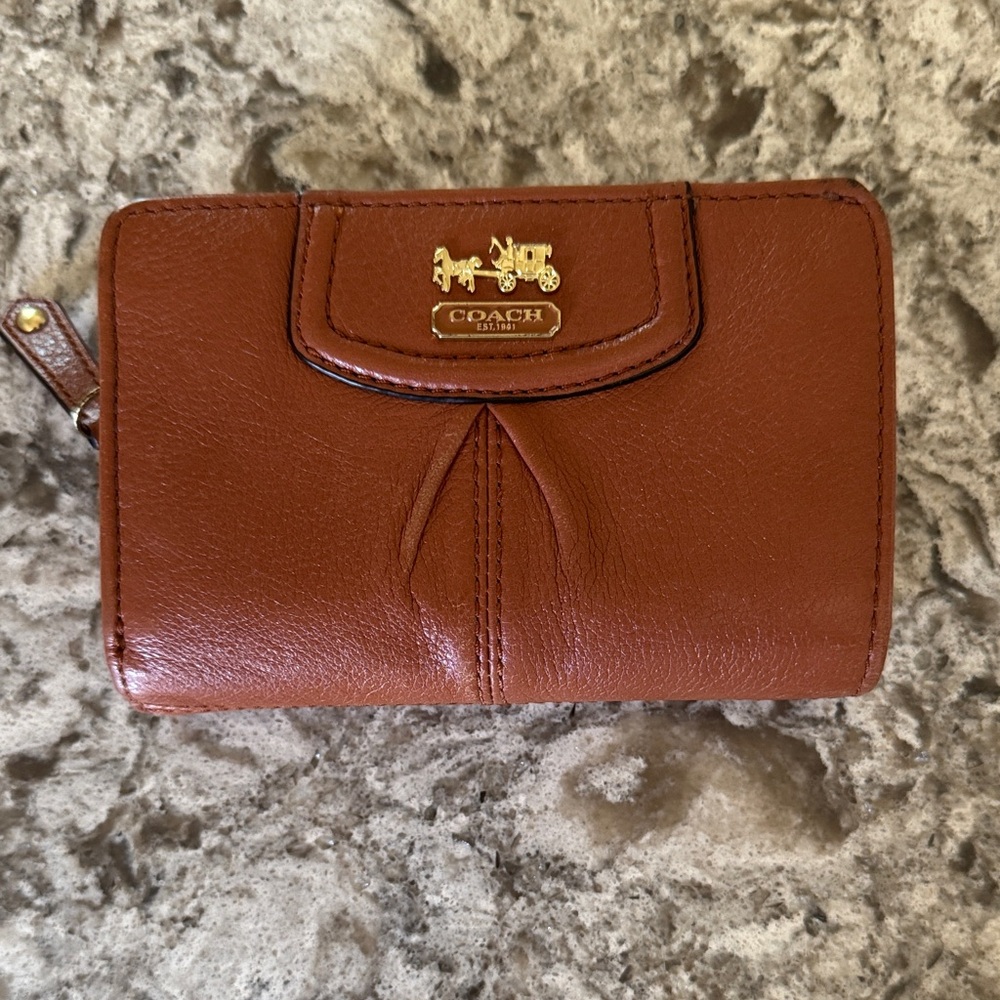 Coach Chestnut Brown Leather Zip Wallet with Gold Logo